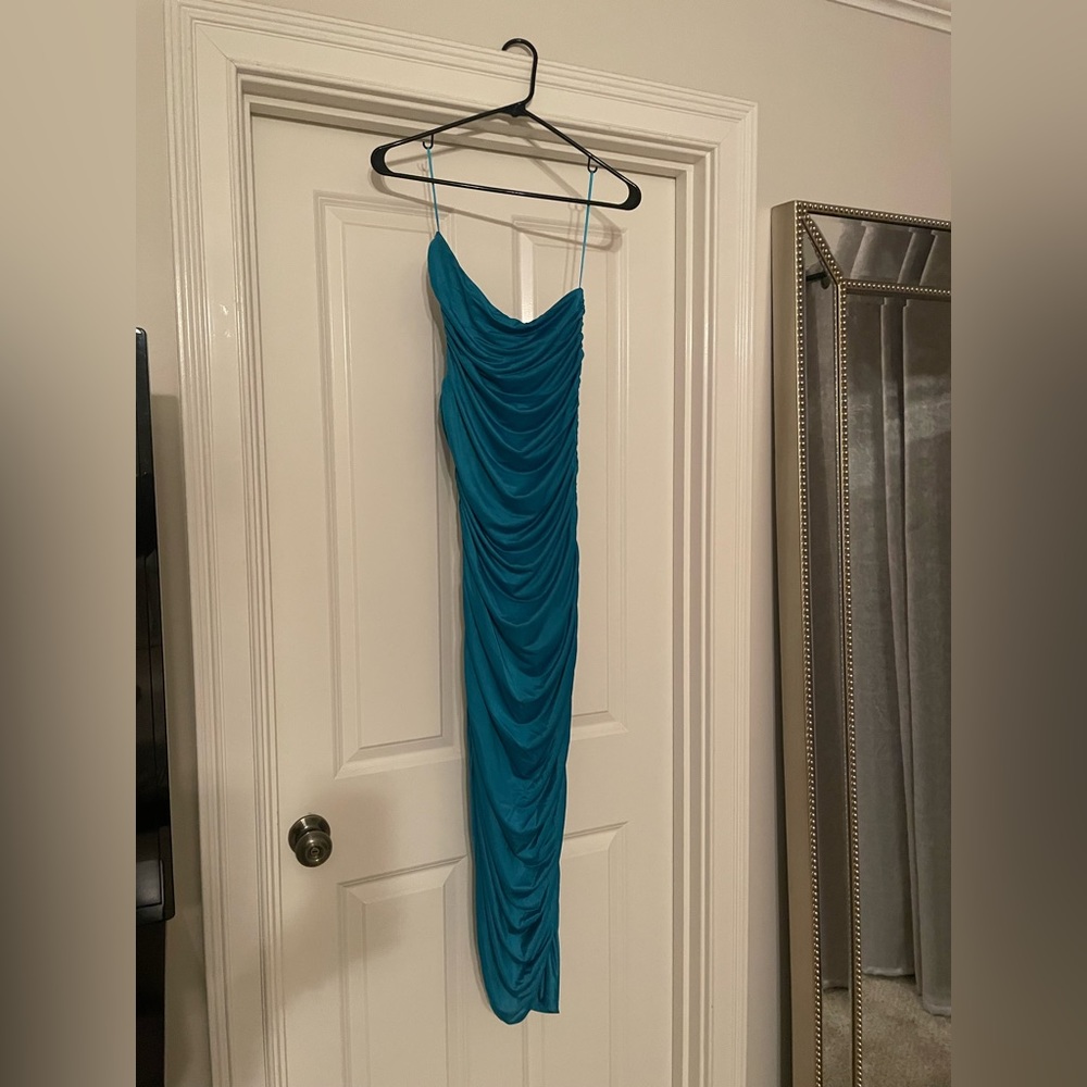 Beautiful blue one shoulder rushed midi dress!